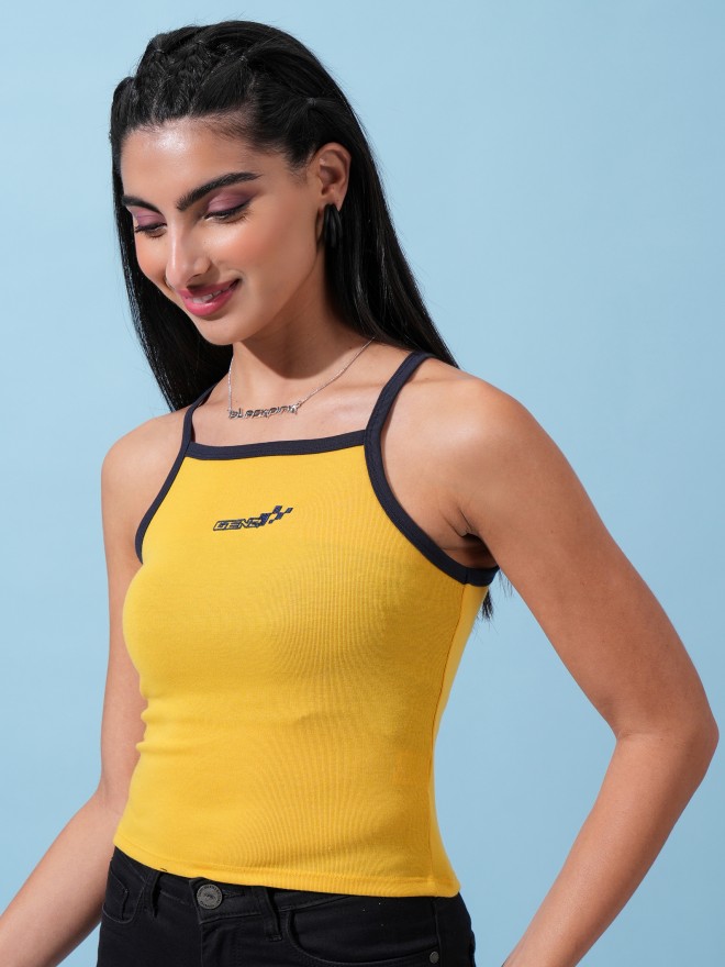 Tokyo Talkies Women Yellow Solid Fitted Tops 