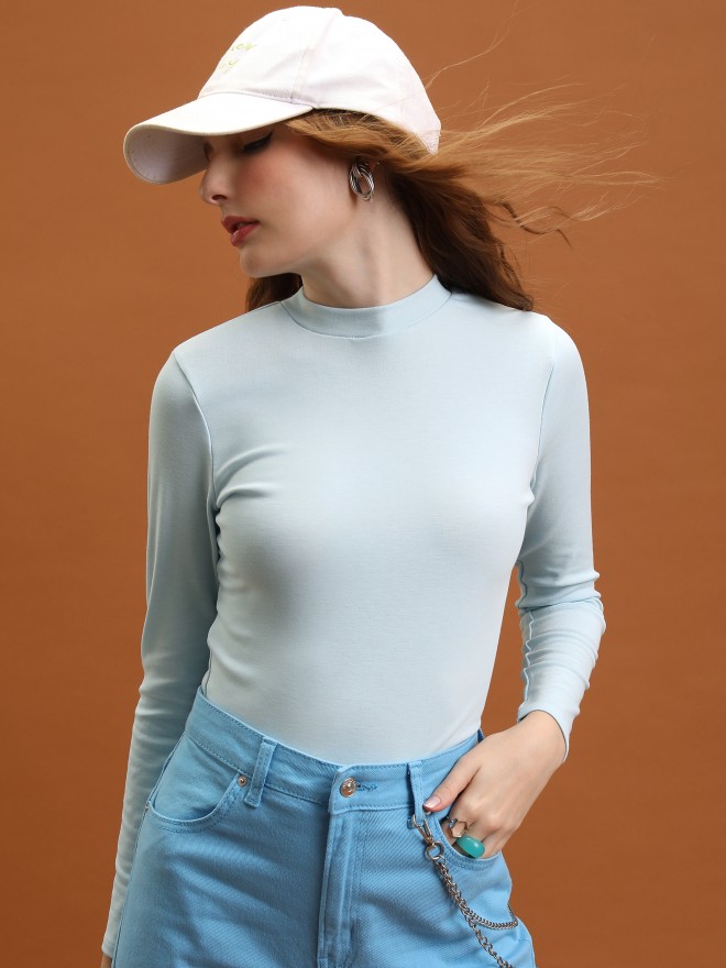 Tokyo Talkies Women Blue Solid Fitted Tops 