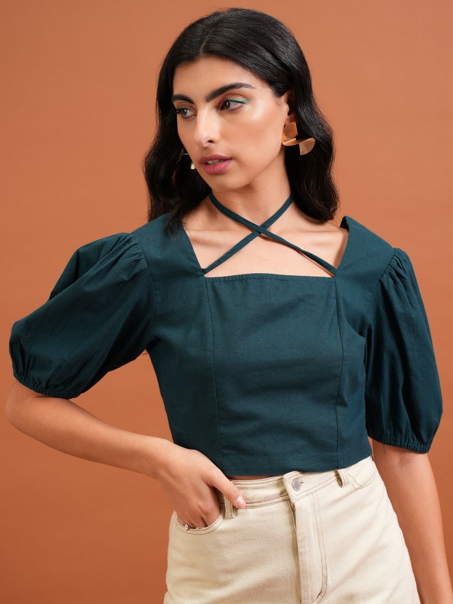 Tokyo Talkies Women Teal Solid Regular Tops 