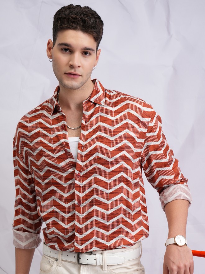 Highlander Men Terracotta Printed Oversized Fit Casual Shirts 