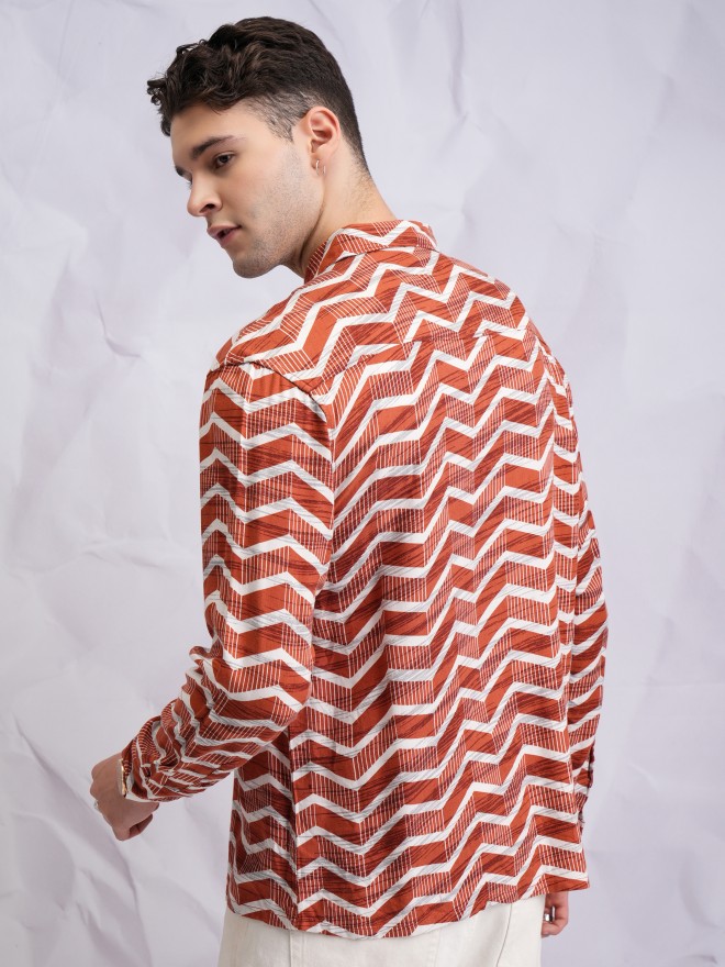 Highlander Men Terracotta Printed Oversized Fit Casual Shirts 