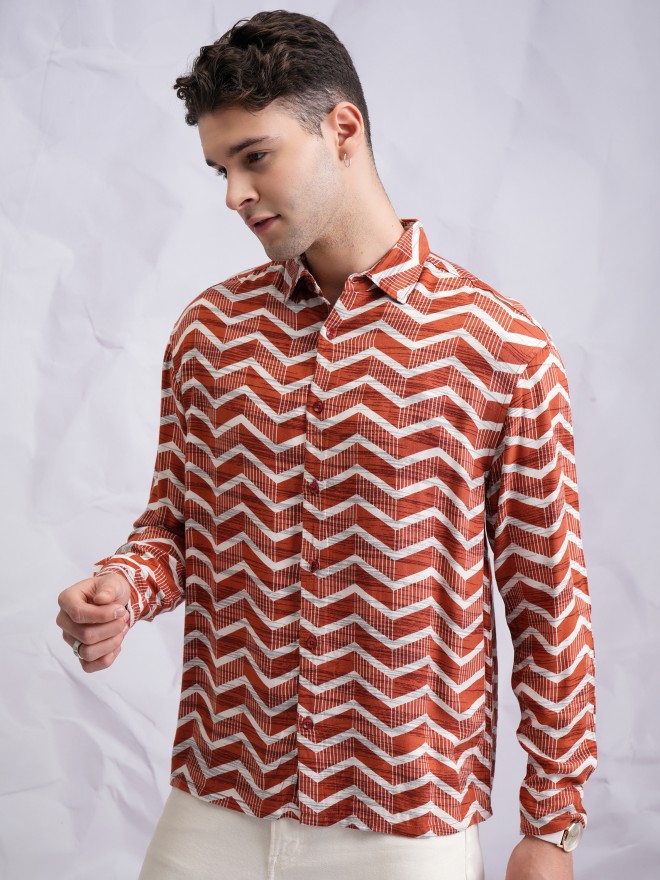 Highlander Men Terracotta Printed Oversized Fit Casual Shirts 