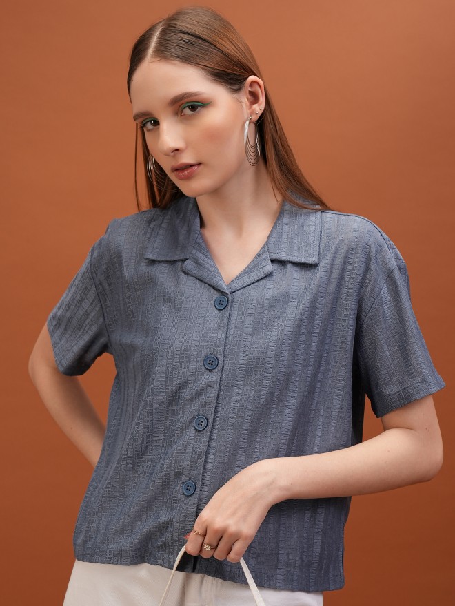 Tokyo Talkies Women Blue Self Design Shirt Style Tops 