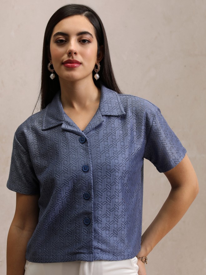 Tokyo Talkies Women Blue Solid Shirt Style Tops 