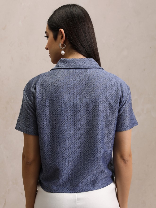 Tokyo Talkies Women Blue Solid Shirt Style Tops 