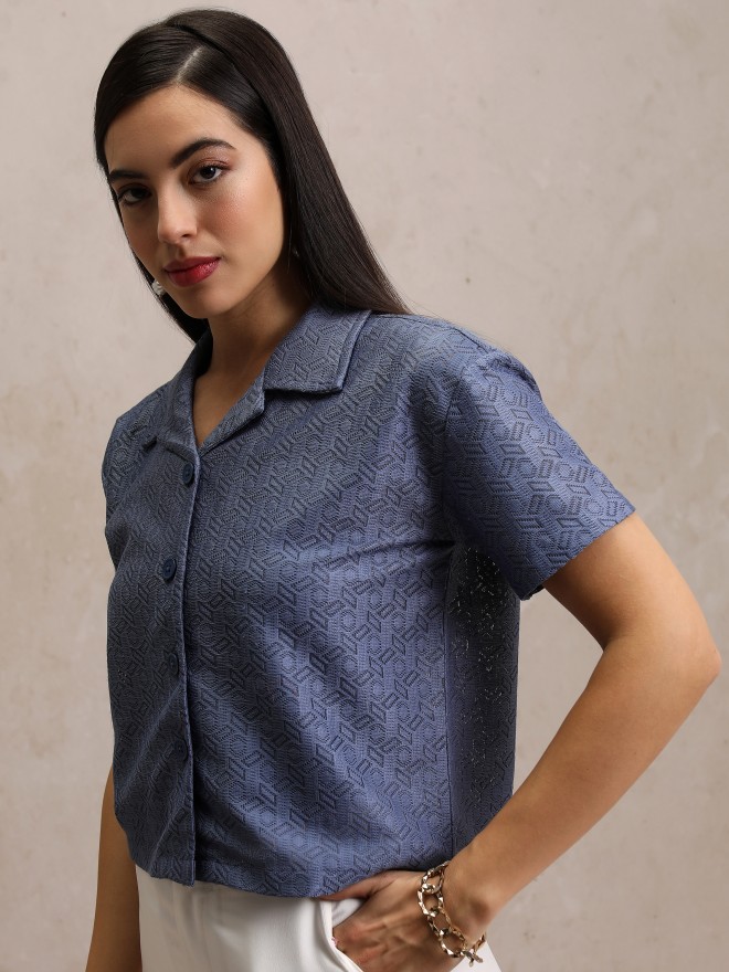 Tokyo Talkies Women Blue Solid Shirt Style Tops 