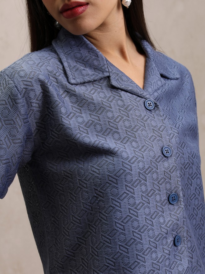 Tokyo Talkies Women Blue Solid Shirt Style Tops 