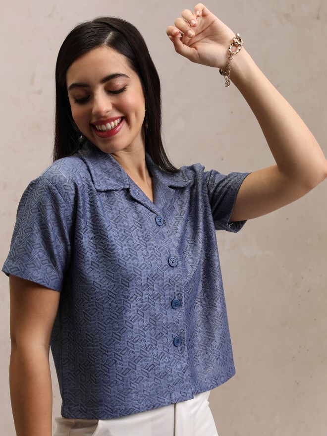 Tokyo Talkies Women Blue Solid Shirt Style Tops 