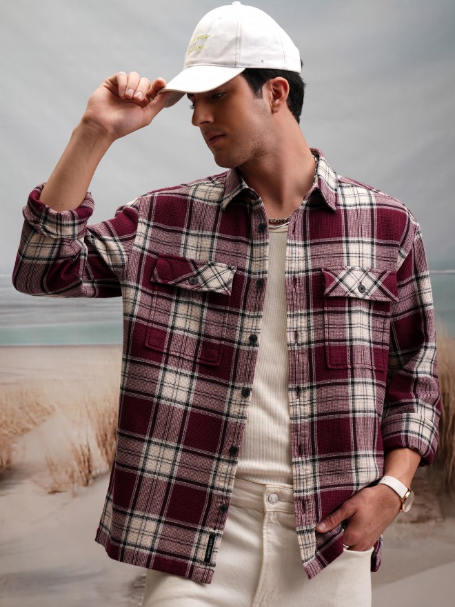 Buy Locomotive Maroon Checked Oversized Fit Flannel Overshirt for