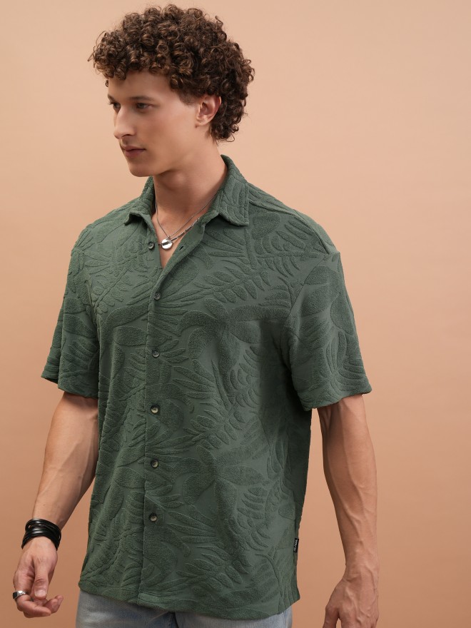 Highlander Men Green Self Design Oversized Fit Casual Shirts 