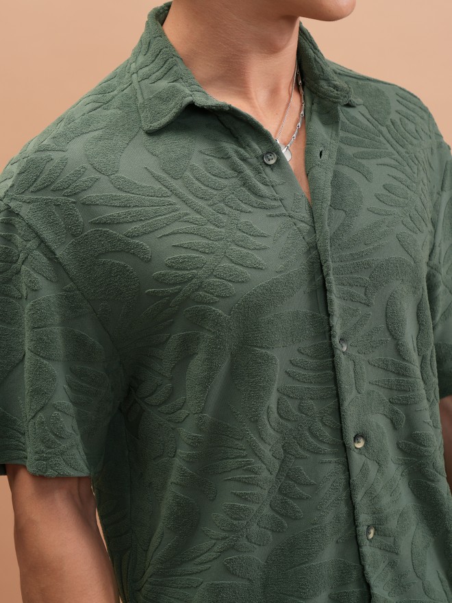 Highlander Men Green Self Design Oversized Fit Casual Shirts 