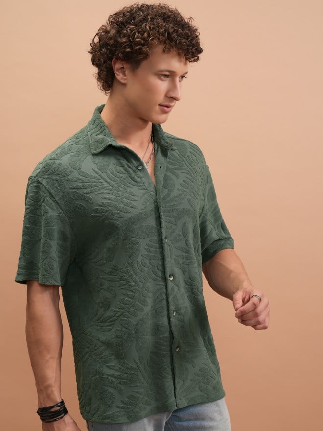 Highlander Men Green Self Design Oversized Fit Casual Shirts 