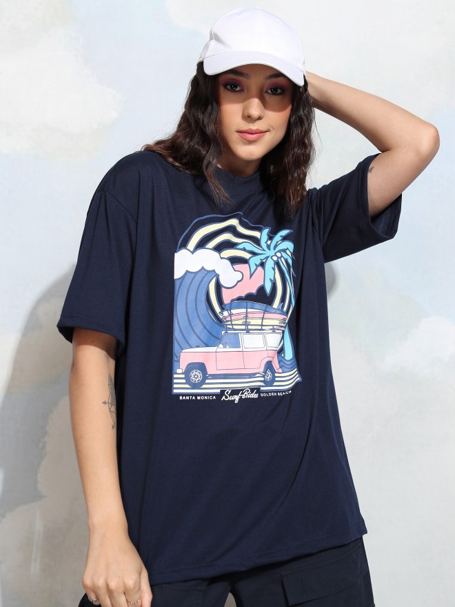 Buy Tokyo Talkies Navy Blue Printed Round Neck T Shirt For Women Online