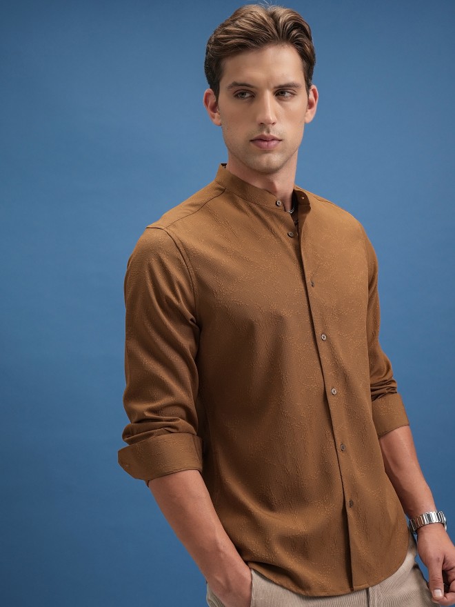 Locomotive Men Brown Self Design Slim Fit Casual Shirts 