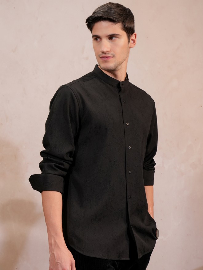 Locomotive Men Black Self Design Slim Fit Casual Shirts 