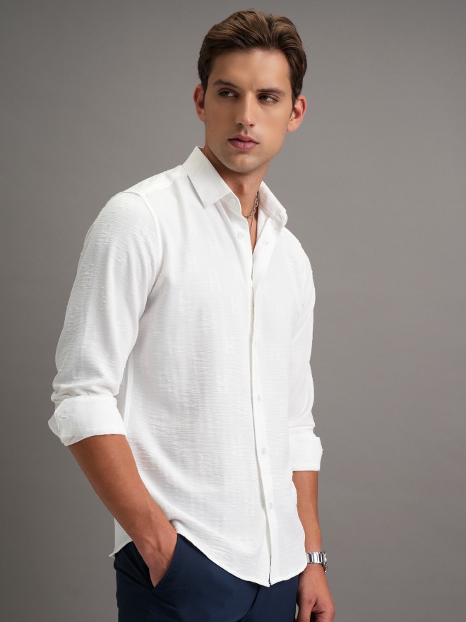 Highlander Men White Self Design Slim Fit Casual Shirts 