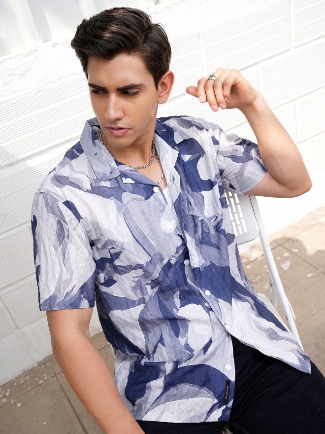 Locomotive Men Navy Blue Printed Relaxed Fit Casual Shirts 