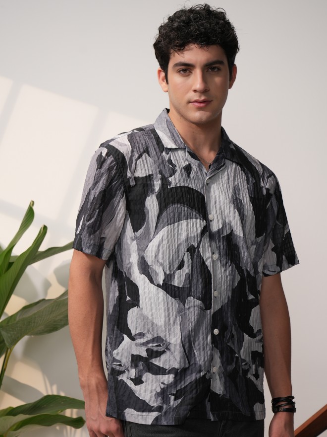 Locomotive Men Grey Printed Relaxed Fit Casual Shirts 