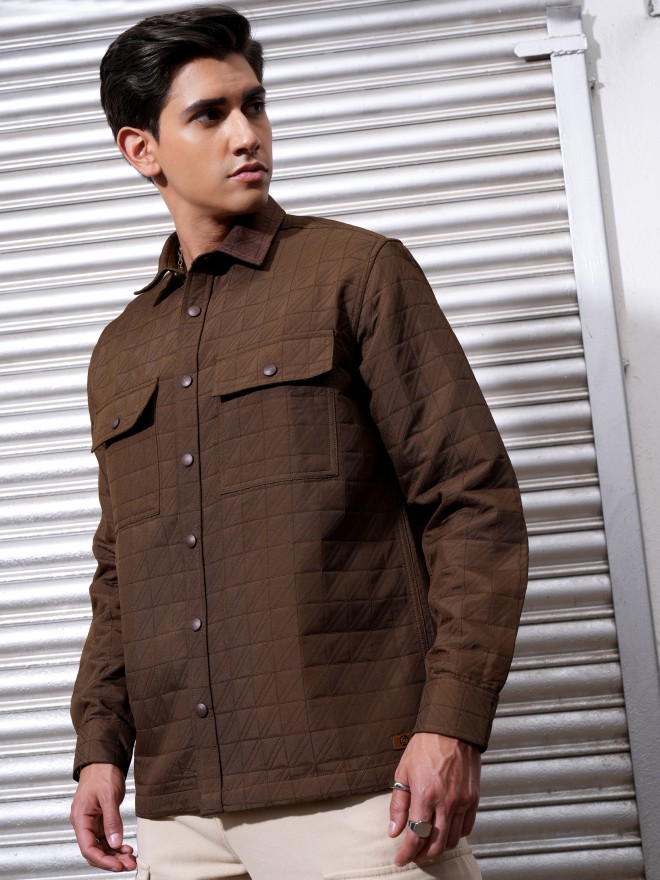 Locomotive Men Brown Self Design Oversized Fit Casual Shirts 