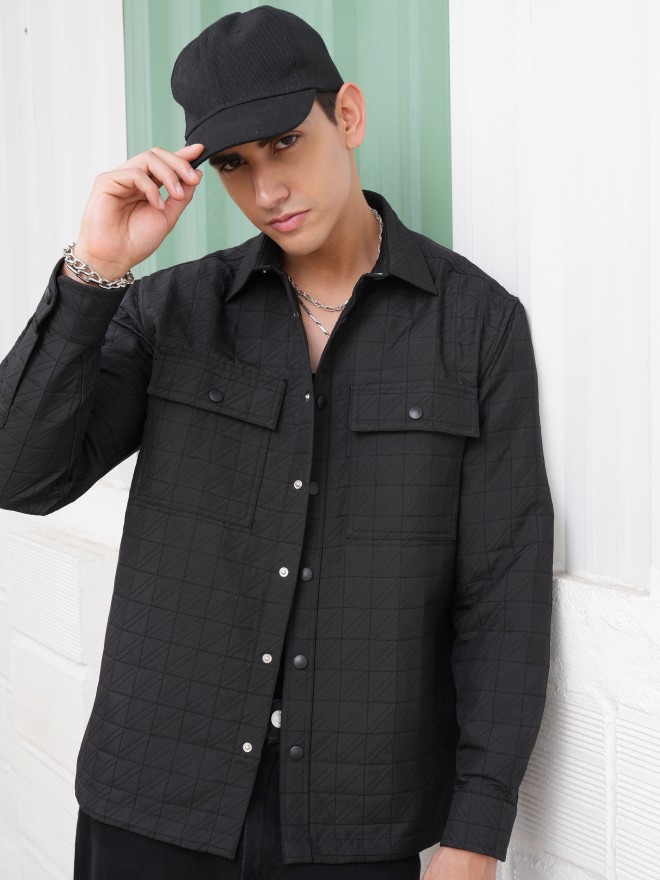 Locomotive Men Black Self Design Oversized Fit Casual Shirts 