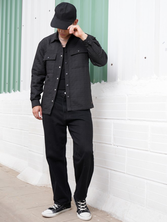 Locomotive Men Black Self Design Oversized Fit Casual Shirts 