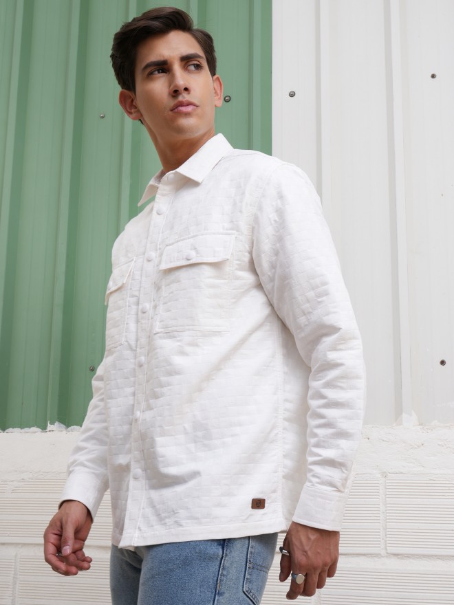 Locomotive Men White Self Design Oversized Fit Casual Shirts 