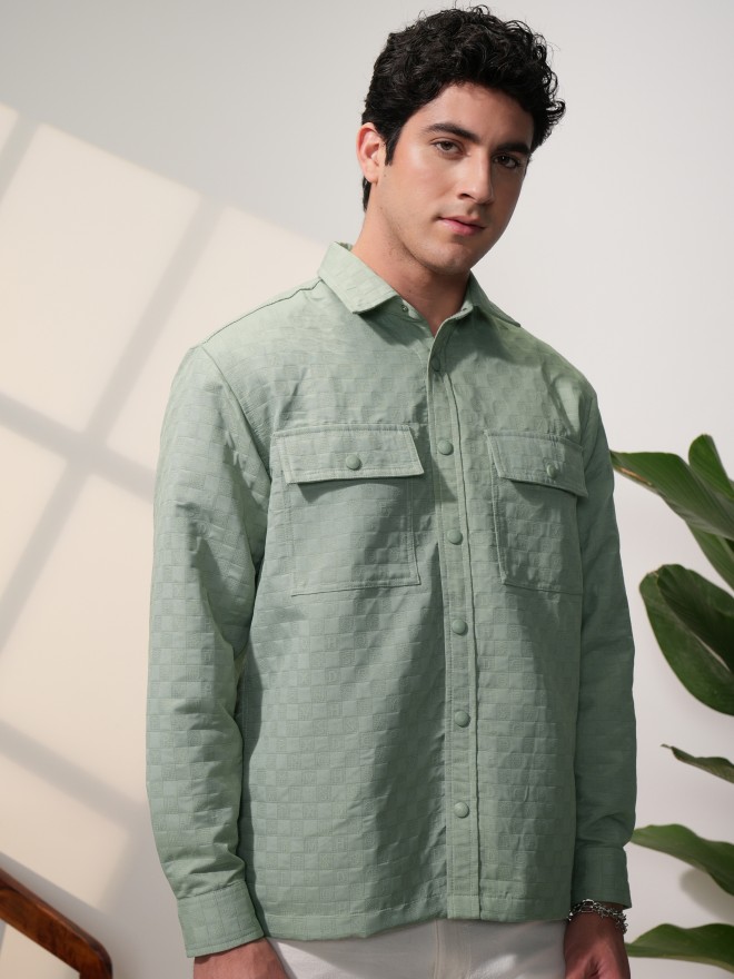 Locomotive Men Olive Self Design Oversized Fit Casual Shirts 