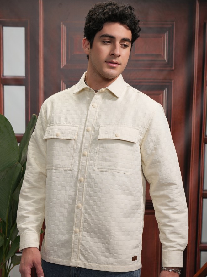 Locomotive Men Cream Self Design Oversized Fit Casual Shirts 