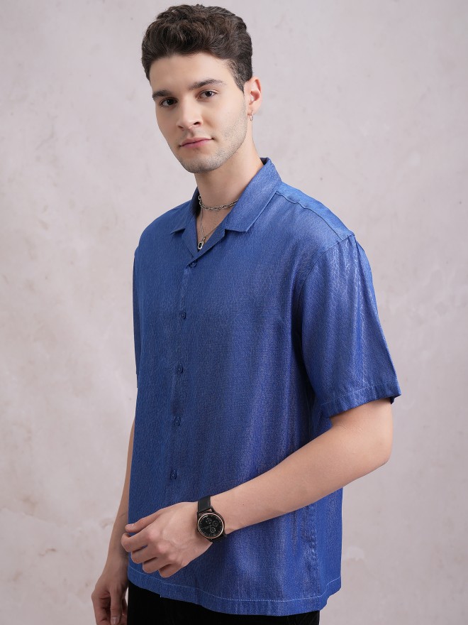 Highlander Men Blue Self Design Oversized Fit Casual Shirts 