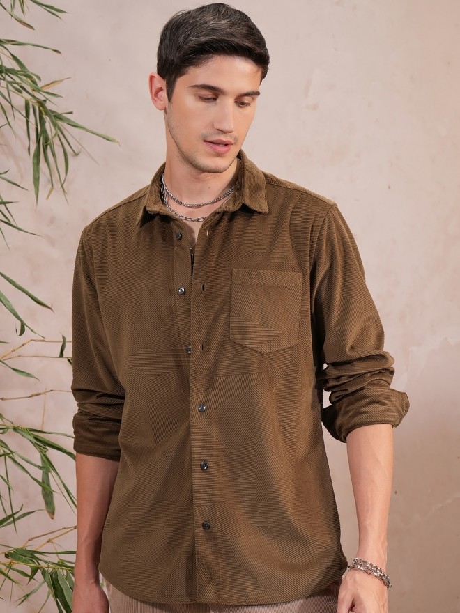 Locomotive Men Brown Self Design Slim Fit Casual Shirts 