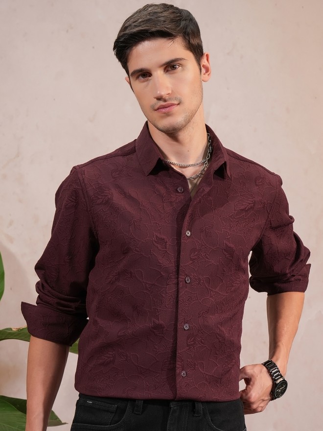 Buy Locomotive Luxe Maroon Popcorn Textured Party Evening Shirt For Men