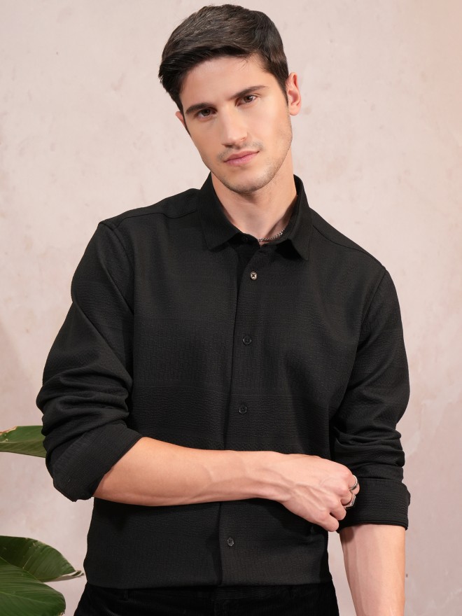 Locomotive Men Black Self Design Slim Fit Casual Shirts 