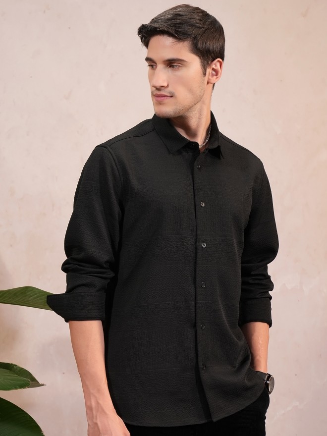 Locomotive Men Black Self Design Slim Fit Casual Shirts 