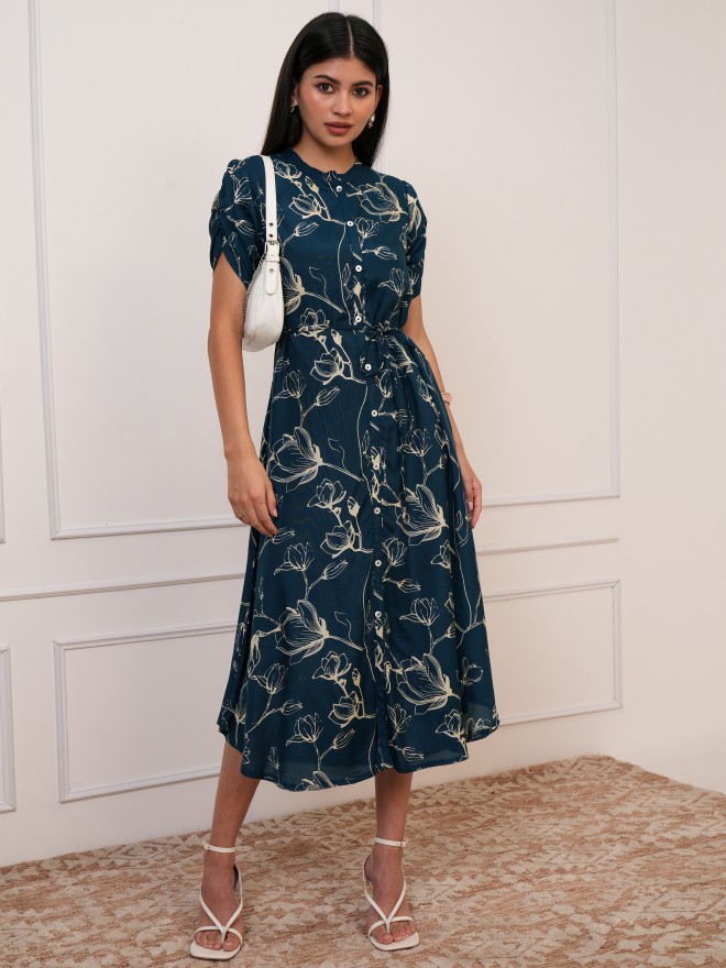 Vishudh Women Navy Blue Printed A-Line Dresses 