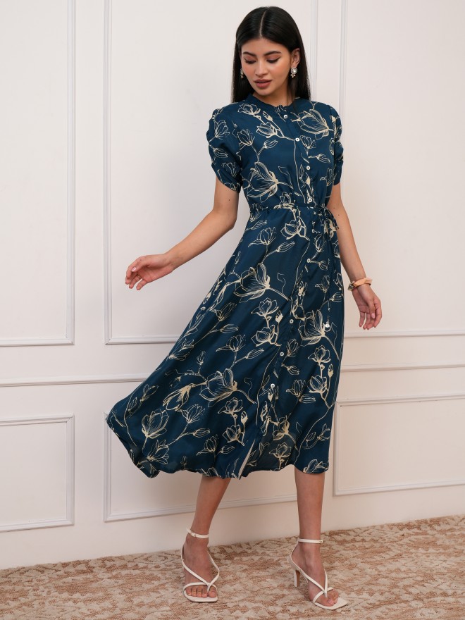 Vishudh Women Navy Blue Printed A-Line Dresses 