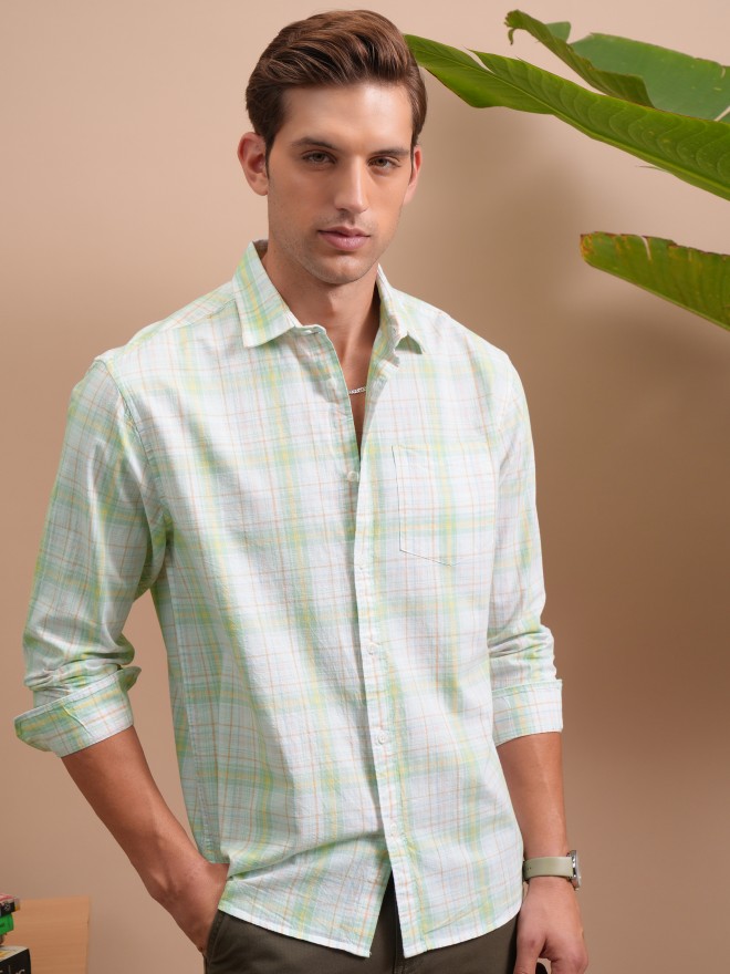 Buy Locomotive Green Checked Regular Fit Casual Shirts For Men Online