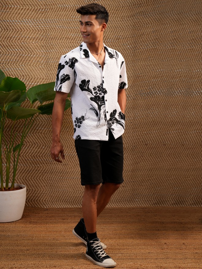 Locomotive Men White Printed Oversized Fit Casual Shirts 