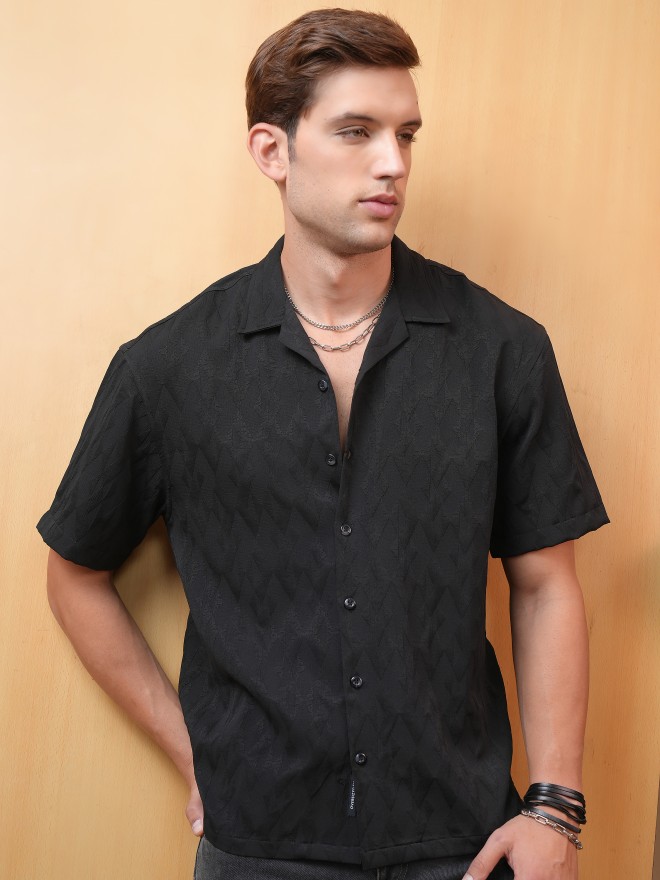 Locomotive Men Black Self Design Oversized Fit Casual Shirts 