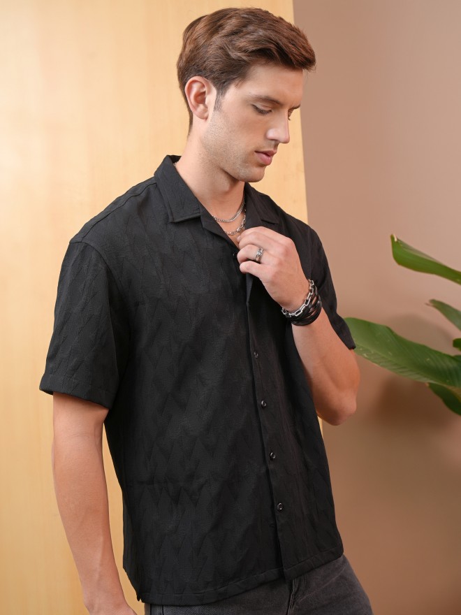 Locomotive Men Black Self Design Oversized Fit Casual Shirts 