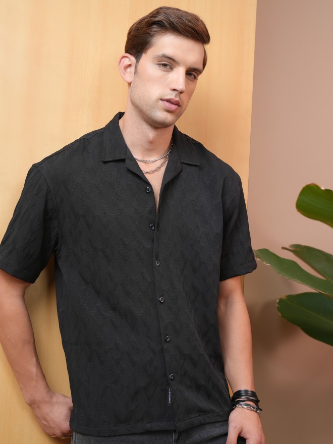 Locomotive Men Black Self Design Oversized Fit Casual Shirts 