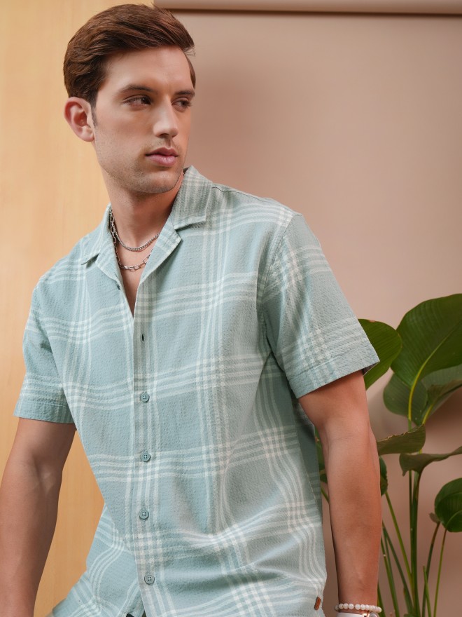 Buy Locomotive Premium Green Dobby Textured Cuban Collar Relaxed Shirt