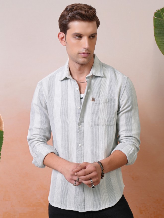 Locomotive Premium Men Light Grey Dobby Textured Striped Relaxed Shirt