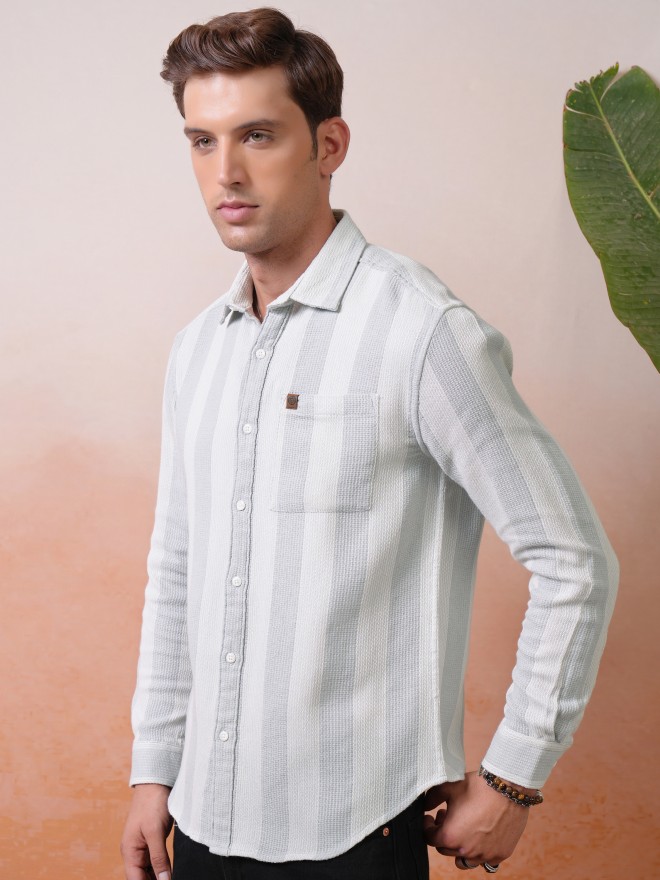 Locomotive Premium Men Light Grey Dobby Textured Striped Relaxed Shirt