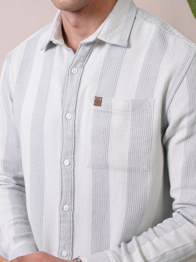 Locomotive Premium Men Light Grey Dobby Textured Striped Relaxed Shirt