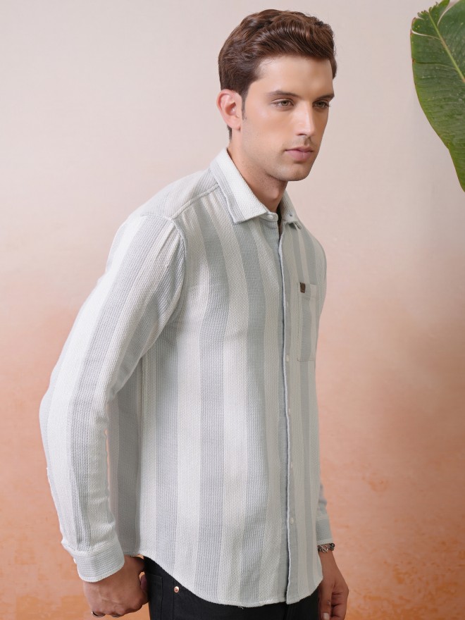 Locomotive Premium Men Light Grey Dobby Textured Striped Relaxed Shirt