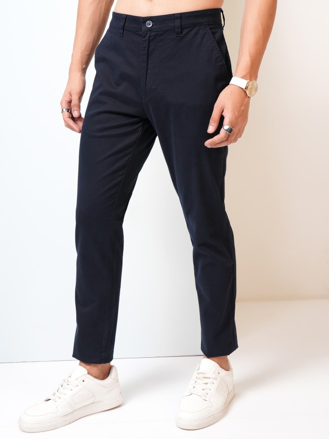 Highlander Men Navy Blue Tapered Fit Solid Casual Trousers Chinos 