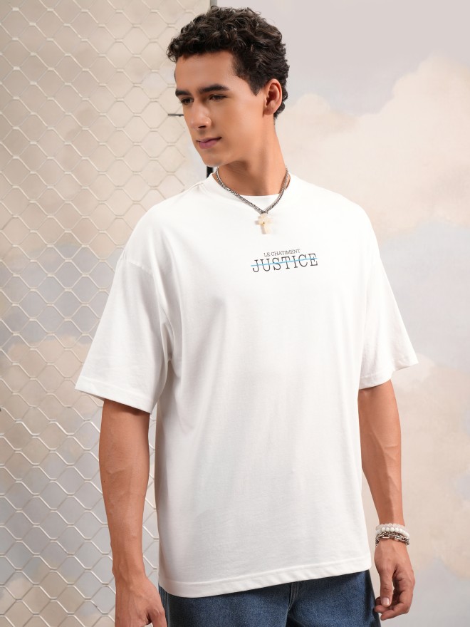 Highlander Men White Printed Round Neck Oversized Fit T-Shirt