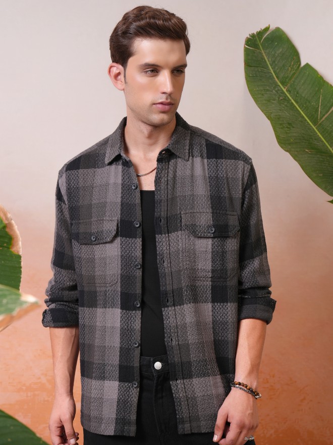 Locomotive Premium Men Grey Dobby Textured Checked Utility Pocket Overshirt