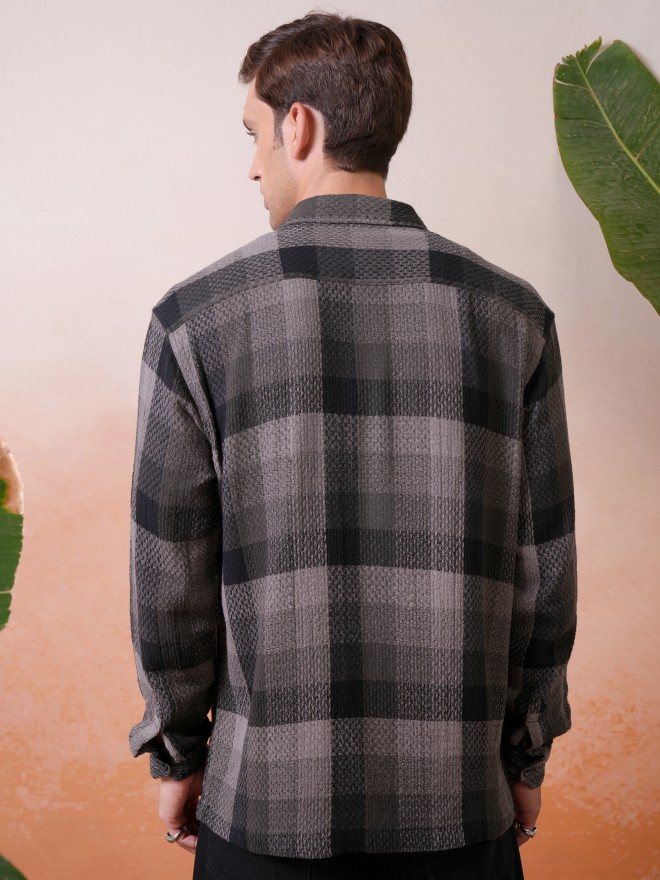 Locomotive Premium Men Grey Dobby Textured Checked Utility Pocket Overshirt