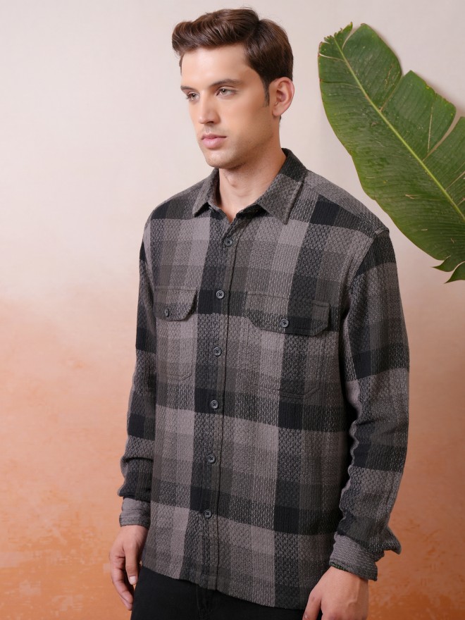 Locomotive Premium Men Grey Dobby Textured Checked Utility Pocket Overshirt